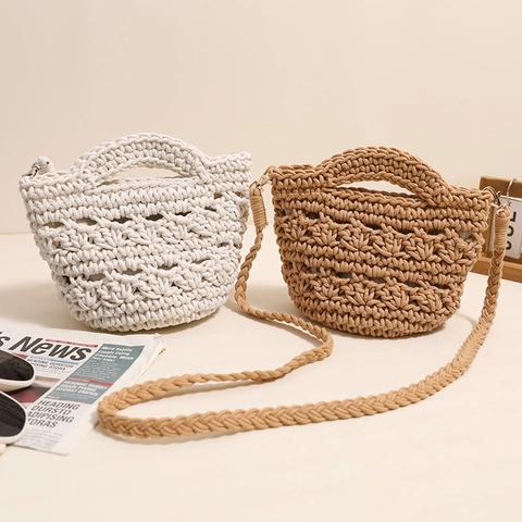 Handmade Crochet Woven Shoulder Bag Hollow Cotton Thread Crossbody Handbag For Women Beach Vacation Style