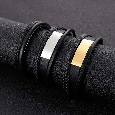 Bracciale Uomo Vera Pelle Acciaio Inossidabile Piastra ID Multistrato Intrecciato Punk Moda Chiusura Magnetica