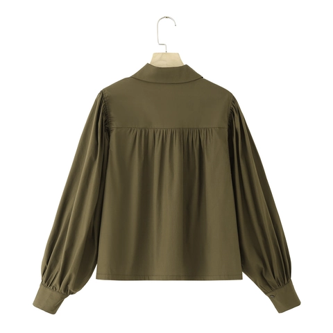 Blusa De Algodón Para Mujer Camisa Manga Larga Abullonada Cuello Solapa Color Sólido Casual Verde Militar Top