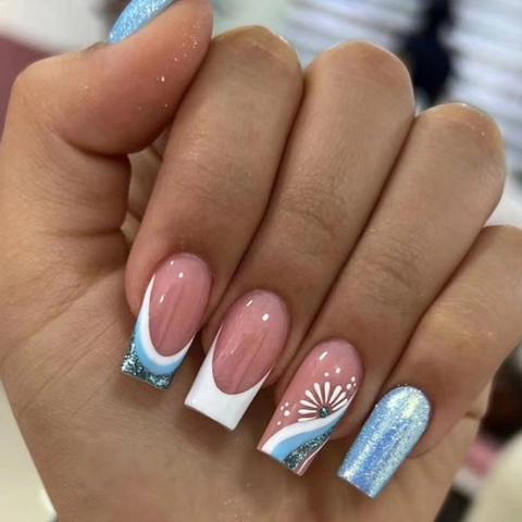 French Tip Press On Nails Long Coffin Shape Blue Glitter White Flower Design Elegant False Nails For Women