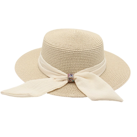 Women Vintage Boater Straw Hat Raffia Rhinestone Bow Decoration Sun Protection French Style Beach Fashion