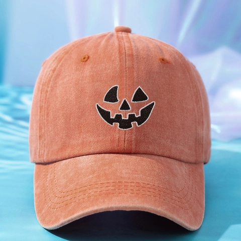 Gorra De Béisbol Bordada Calabaza Halloween Algodón Lavado Naranja Atardecer Ajustable Sombrero Casual Unisex