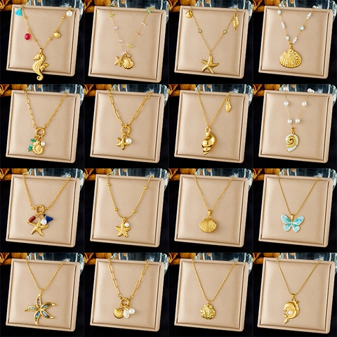 Roestvrij Staal Vergulde Oceaan Ketting Zeepaardje Zeester Schelp Dolfijn Vlinder Hanger Sieraden Cadeau Voor Vrouwen
