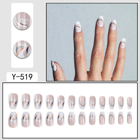 Lange Coffin Press On Nägel Französische Spitze Rosa Mit Blau Gelb Wirbel Kunst Design Glänzende ABS Künstliche Nägel