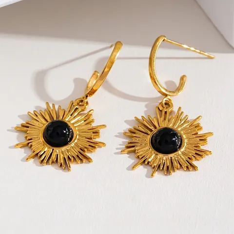 Boucles D'oreilles Pendentif Soleil Acier Inoxydable Plaqué Or 18K Avec Pierre Naturelle Noire Style Boho Rétro Femmes