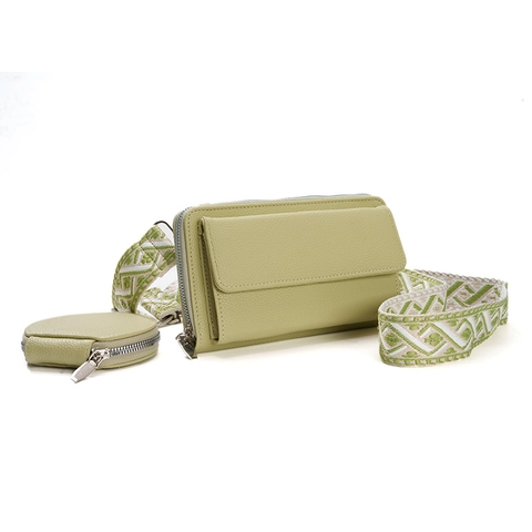 Litchi Pattern PU Leather Crossbody Phone Bag Multi Functional Handbag With Round Coin Purse Wide Jacquard Strap For Women