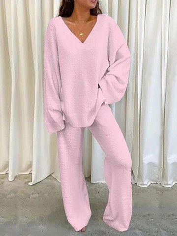 Women Casual Knit V-Neck Long Sleeve Top And Wide Leg Pants Solid Color Loungewear Loose Homewear Soft Polyester