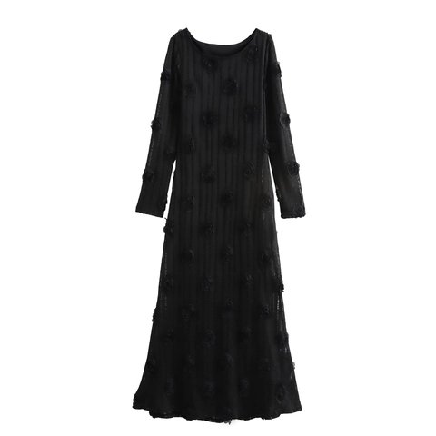 Elegant Black Maxi Dress With 3D Rose Flower Appliques Long Sleeve Mesh Textured Knit High Waist Sexy Evening Gown Women