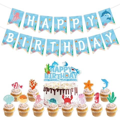 Ocean Theme Birthday Party Decoration Happy Birthday Banner Cake Toppers Sea Creatures Dolphin Shark Cartoon Cardboard