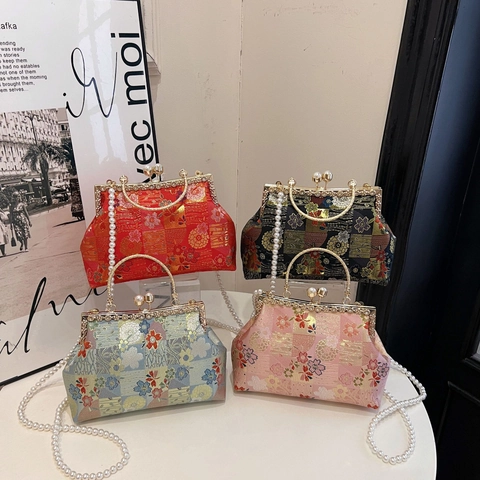 Sac De Soirée Brodé Floral Sac À Main En Satin Brocart Avec Poignée En Métal Bandoulière Künstliche Perle Style Chinois Rétro Femmes