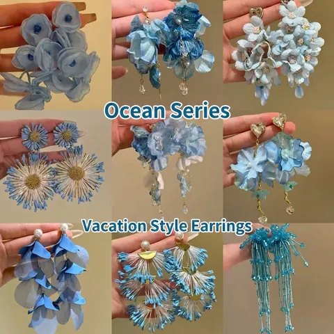 Orecchini Pendenti Con Fiori In Chiffon Silver Earring Post Nappa Di Perline Gioielli Stile Vacanza Per Donna