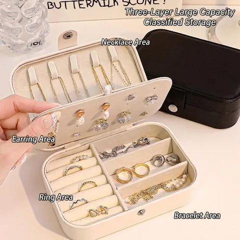 Portable Jewelry Box PU Leather Travel Organizer Case With Necklace Hooks Earring Plate Ring Slots For Women Girls