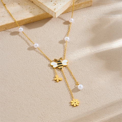 Collier Et Boucles D'oreilles Abeille Fleur Papillon Émail Bijoux En Acier Inoxydable Style Coréen Doux Femmes Künstliche Perle Tassel