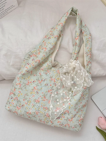 Sac À Épaule En Toile À Motif Fleuri Nœud En Dentelle Grande Capacité Style Coréen Cabas Pour Femmes