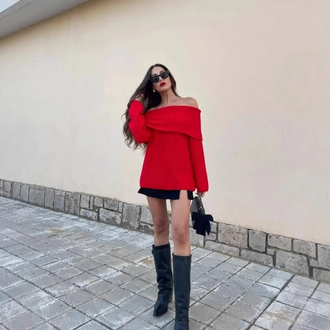 Jersey De Punto Para Mujer Hombros Descubiertos Cuello Solapa Manga Larga Suelto Elegante Color Sólido
