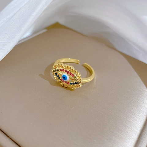 Evil Eye Open Adjustable Ring Brass Gold Plated Multi-color Zircon Minimalist Jewelry For Women