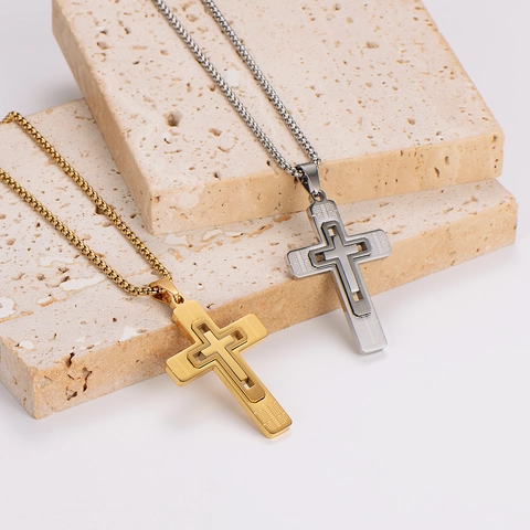 Collar Con Colgante De Cruz Capas Hueco Acero Inoxidable 304 Joyería Religiosa Hip Hop Para Hombre