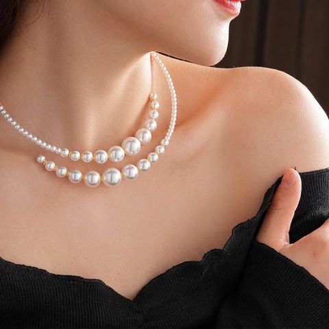 Gelaagde Kunstparel Choker Ketting Koper Verguld Verloop Kunstparels Sleutelbeen Ketting Franse Retro Stijl Voor Vrouwen