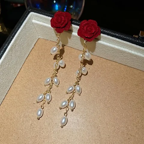 Pendientes De Borla Con Rosa Flocada 925 Sterling Silver Earring Post Perlas Artificiales Artificiales Joyería Vintage Elegante
