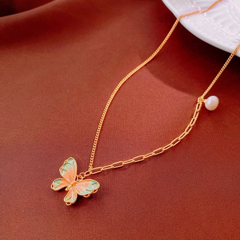 Copper Butterfly Pendant Necklace For Women Real Gold Plated Enamel Wings Asymmetrical Clavicle Chain With Imitation Artificial Pearl