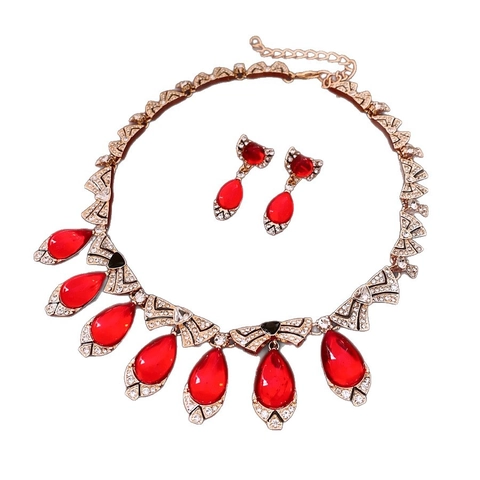 Collana Con Pendente A Goccia D'acqua Rossa E Orecchini Gioielli In Lega Con Zircone Chiaro Matrimonio Elegante Donna