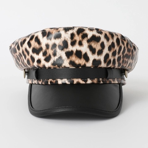 Damen Leopard Print PU Leder Schirmmütze Vintage Britischen Stil Flache Kappe Mit Metallknöpfen Schwarze Krempe