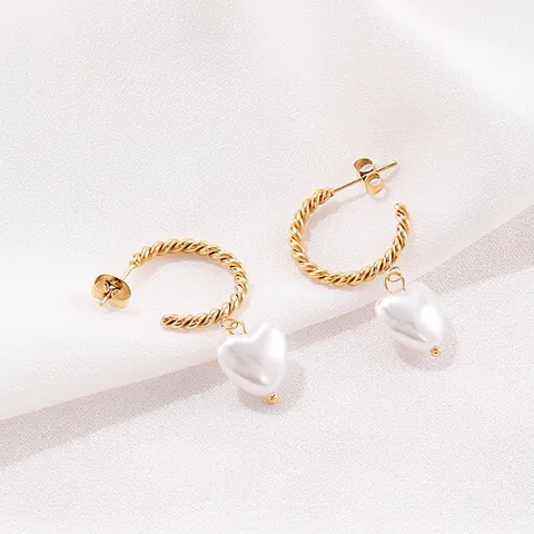 Heart Shaped Artificial Pearl Drop Earrings Stainless Steel Twisted C Hoop Retro Elegant Jewelry For Women
