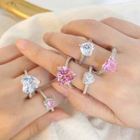 Fashion Brass Pink White Zirconia Heart Ring Real Gold Plated Inlaid Engagement Rings For Women Wedding Party Jewelry Gift