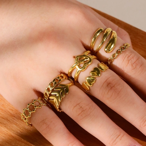 Vintage 18K Gold Plated Stainless Steel Open Rings For Women Heart Leaf Wheat Hollow Multi Layer Twisted Retro Jewelry