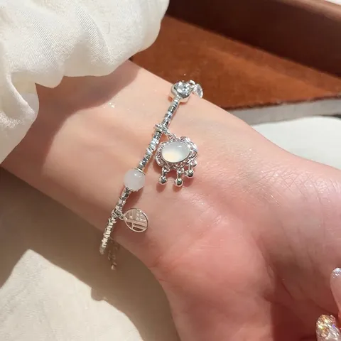 Bracciale In Rame Stile Cinese Vintage Con Ciondolo Fu E Lucchetto Ruyi Perline In Pietra Di Luna Bianca Per Donne Regolabile