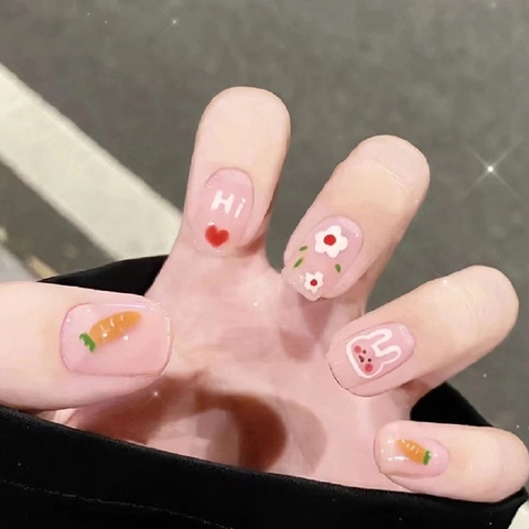 Cute Cartoon Rabbit And Carrot Press On Nails Pink Short Round Head Artificial Fake Nails For Girls Women