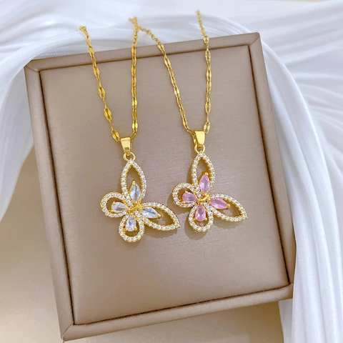 Collier Pendentif Papillon Chaîne En Acier Inoxydable Plaqué Or Zircone Bijoux Papillon Élégant Style Creux Femmes