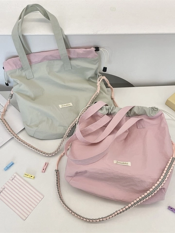 Borsa Tote Da Donna In Nylon A Contrasto Con Chiusura A Coulisse E Tracolla Intrecciata Capiente Stile Casual