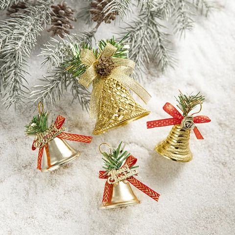 Campanelle Di Natale Ornamenti Appesi Dorati Con Fiocchi Aghi Di Pino Per Decorazione Albero Articoli Per Feste