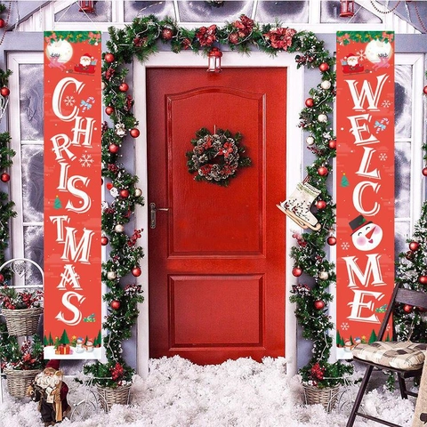 Christmas Welcome Porch Banner Pongee Polyester Waterproof Outdoor Front Door Holiday Decor Buffalo Plaid Santa Snowman