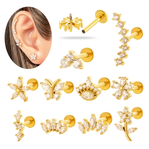 Butterfly Flower Crown Labret Studs Titanium Steel Internally Threaded Flat Back Ear Cartilage Piercing Zircon Jewelry