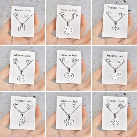 Stainless Steel Necklace And Earrings Silver Color Heart Butterfly Tree Of Life Star Dragonfly Pendant Women Fashion Jewelry