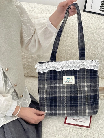Vintage Karierte Wollene Tragetasche Mit Spitzenbesatz Mori Style Schultertasche Für Damen Akademie Student Süß