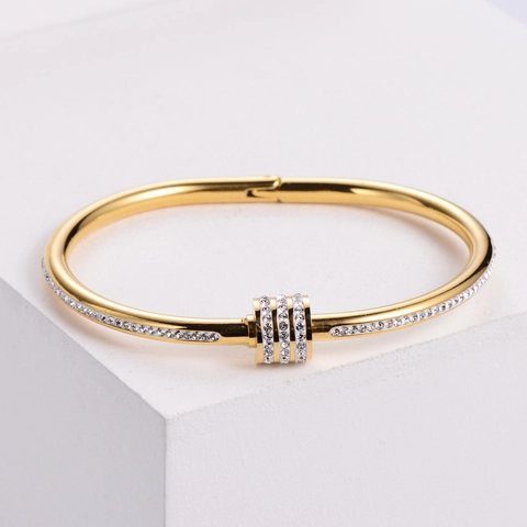 Brazalete De Acero Inoxidable Con Circonitas Triple Anillo Cierre De Tornillo Pulsera Estilo Europeo Joyería Para Mujer Lujo