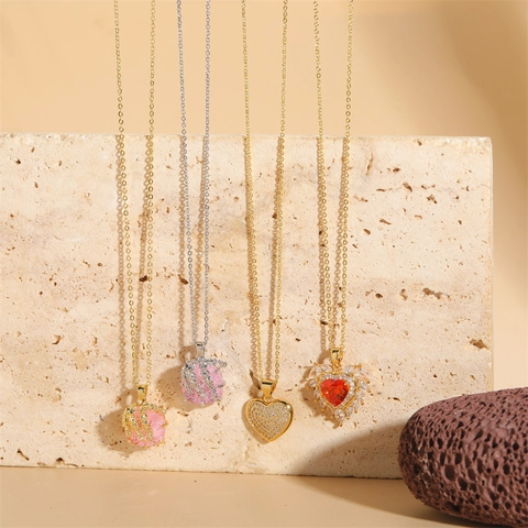 Heart Pendant Necklace Copper With Cubic Zirconia Pink Red Stone Claw Setting Elegant Clavicle Chain Jewelry For Women
