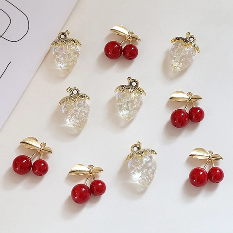 Cute Fruit Charms Strawberry Cherry Resin Acrylic Pendants With Gold Alloy Leaf For DIY Jewelry Making Earrings