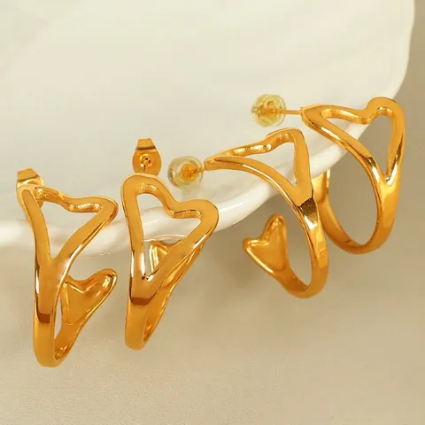 Minimalistisches Edelstahl Hohl Herz Schmuckset 18K Vergoldet Creolen Und Verstellbarer Offener Ring Für Damen Schmuck
