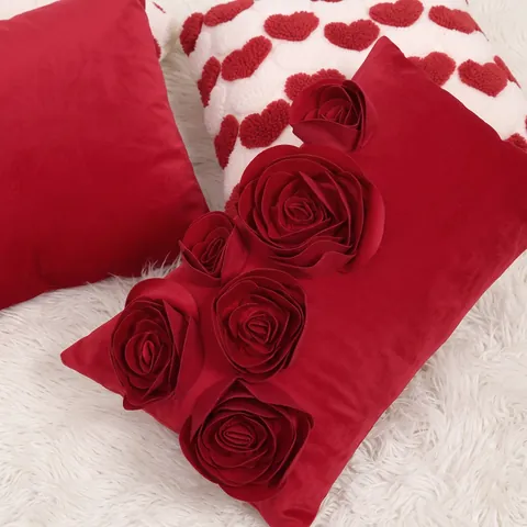 Romantische 3D Rose Blume Herz Muster Samt Plüsch Dekorative Kissenbezüge Für Hochzeit Valentinstag Sofa Dekor