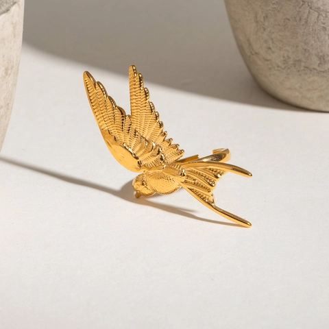 Bird Ring Stainless Steel Gold Plated Swallow Animal Shape Adjustable Open Band Realistic Feather Texture Women Jewelry