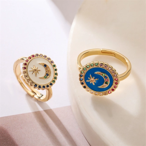 Fashion Copper Open Adjustable Ring For Women Colorful Rhinestone Star Moon Enamel Gold Finger Ring Jewelry Gift