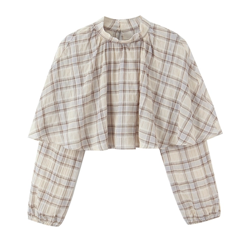 Geruite Cropped Top Lantaarnmouwen Dames Hoge Hals Polyester Gelaagde Rug Pullover Blouse