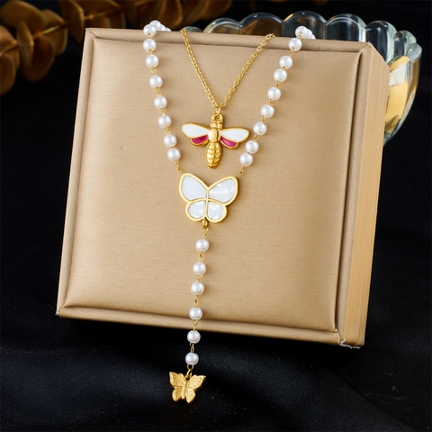 Stainless Steel Layered Necklace With Mother Of Artificial Pearl Butterfly Enamel Bee Pendants Imitation Artificial Pearl Vintage Jewelry Women