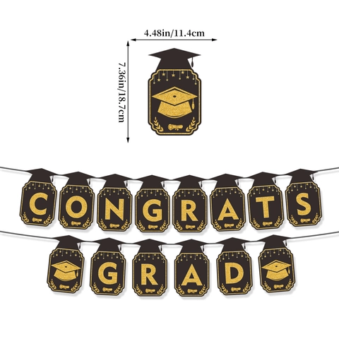 Congrats Grad Graduation Banner Black Gold Blue Paper Pennant For Graduation Party Decor 2025 Graduation Party Supplies Bunting