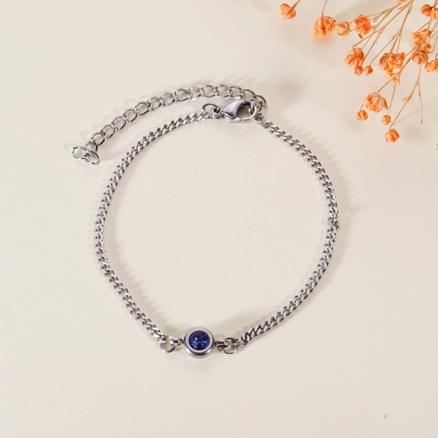 Pulsera de Piedra de Nacimiento de Acero Inoxidable Minimalista para Mujer Cadena de Plata Diamante Redondo Joyería Ajustable