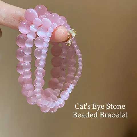 Pink Cat Eye Stone Beaded Bracelet Round Beads Elastic Fashion Jewelry Women Elegant Minimalist